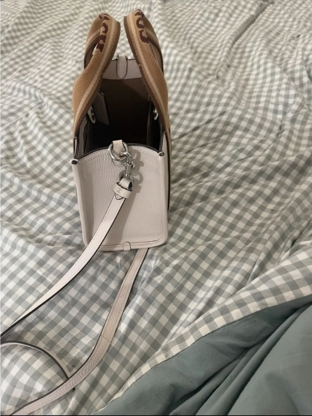 Coach Silver/Chalk Tote with Tan Stripe Handles